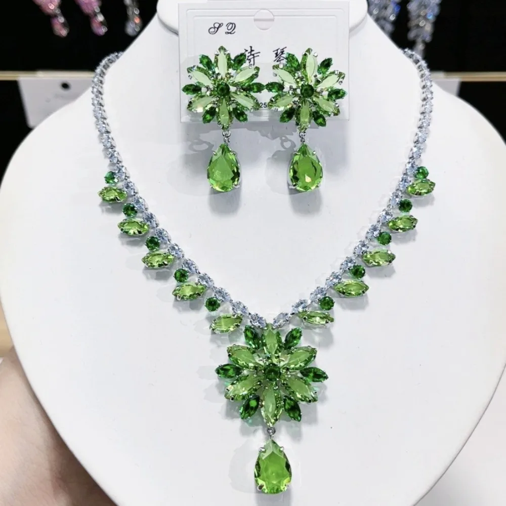 

2025New model Green Flower Zirconia Pendant Crystal Necklace, Earrings, Jewelry Set, Women's Bridal Wedding Banquet Party Daily
