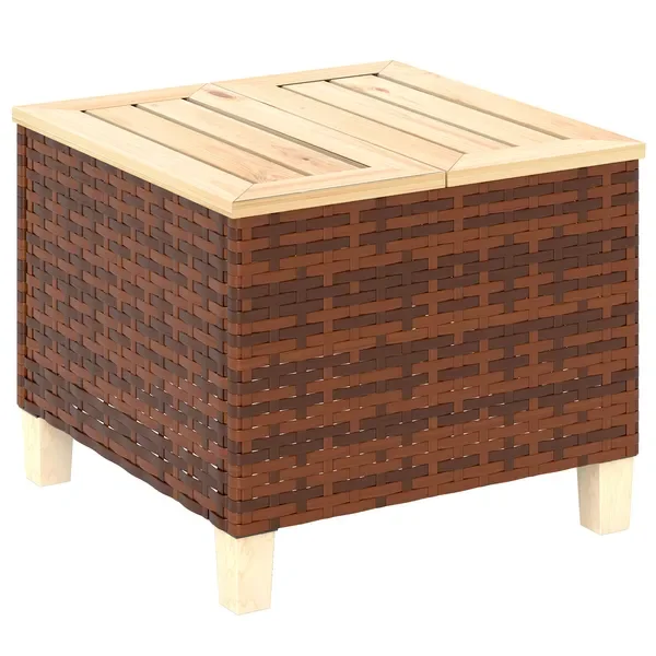 Outsunny Outdoor Side Table, PE Rattan Patio End Table, Natural Wood Top & Legs, Weather Resistant, Brown