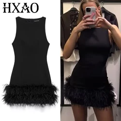HXAO Womens Dresses Feather Black Dresses Women Sleeveless Short Dresses Female Solid Slim Spandex Sexy Dress Christmas Vestidos