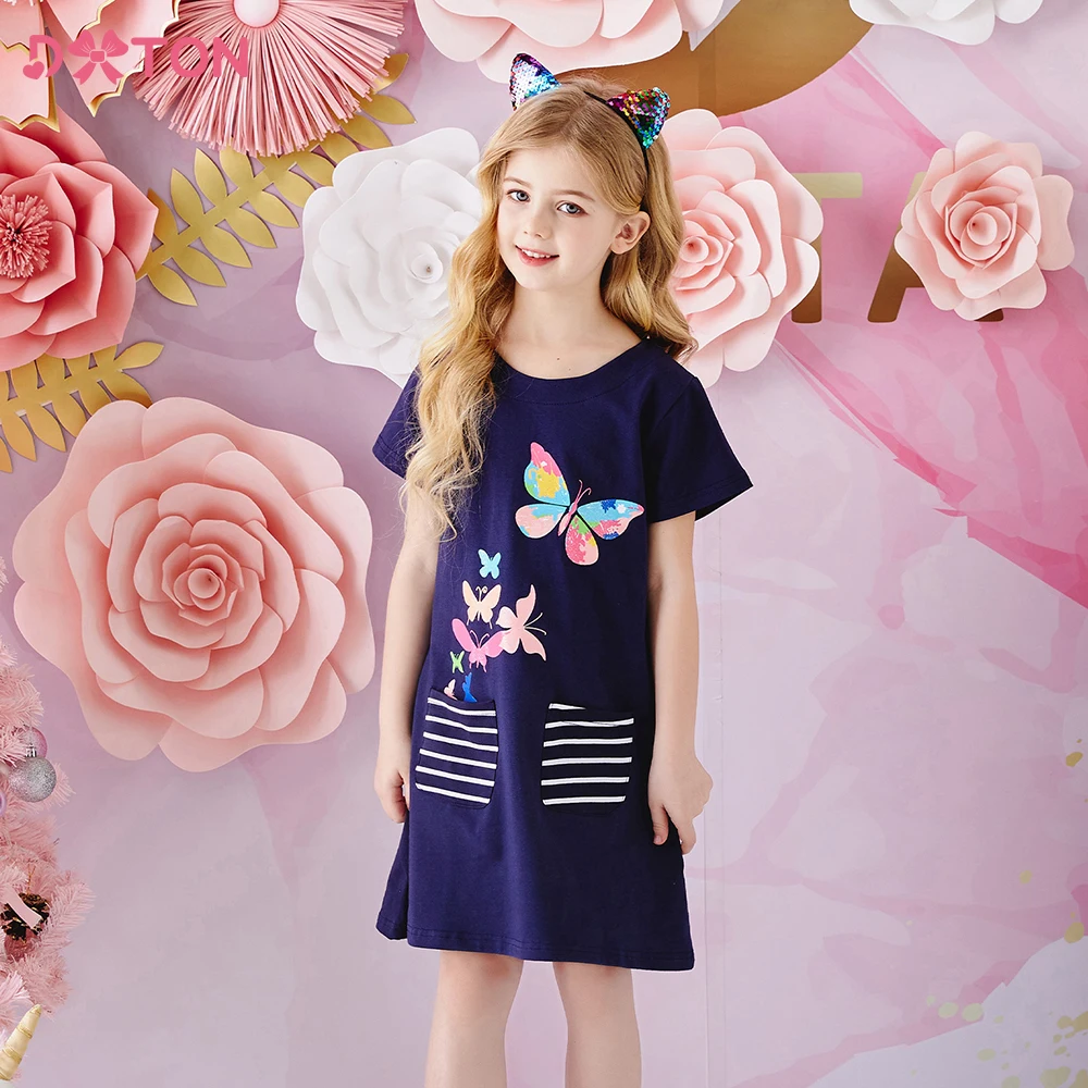 

DXTON Girls Cotton Dress Summer Short Sleeve Children Dress Kids Casual Dresses Butterfly Print Dresses with Striped Pockets