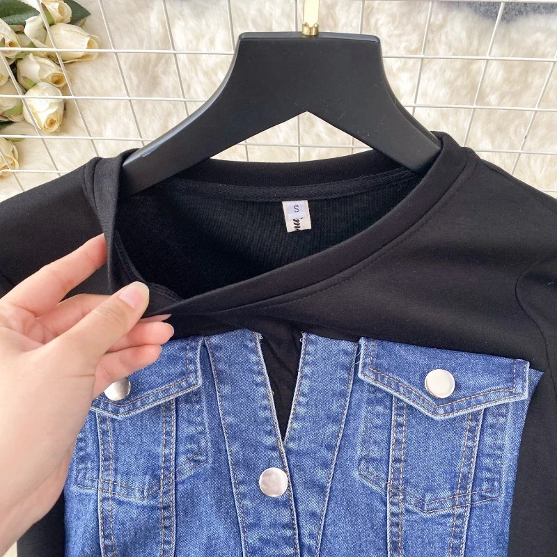 Pop-Stil, elegant, kurzärmelig, schmal, Denim, Patchwork, A-Linie, lässiges T-Shirt-Kleid, Sommer 2022, Geburtstagsparty-Kleid