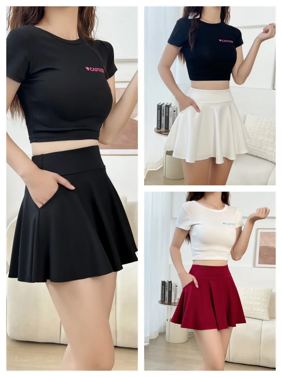 Summer Women Basic Skirt Function Pocket Skirts Lined Shorts Female Style Dancer Uniform Mini Elastic Pleated Skirt Plus Size