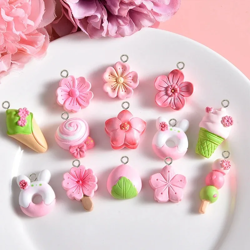 10Pcs Cute Pink Flowers Cake Donut Series Resin Charms Cherry Blossom Earring Keychain Pendants for Jewelry Making DIY Accessory