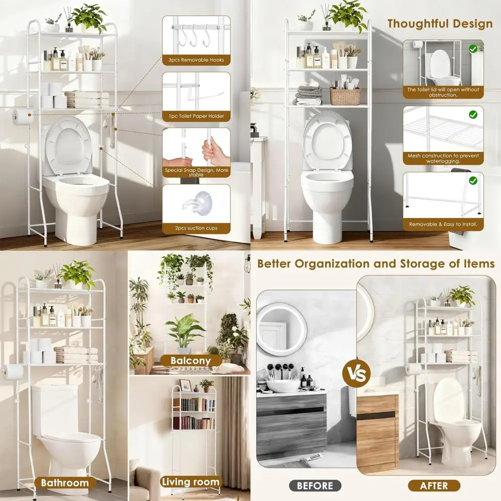 

Space-Saving 3-Tier Freestanding Toilet Storage Rack with Paper Holder & Hooks, Rust-Resistant, 62 White