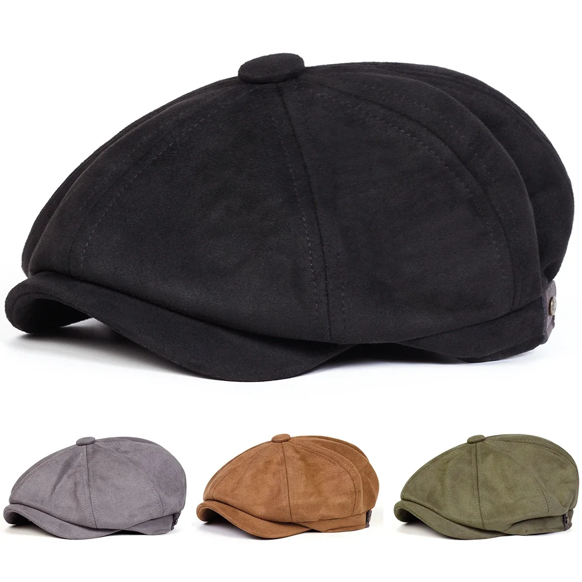 Unisex Wildleder Einfarbige Newsboy-Mützen Britische Malermützen Herbst Winter Baskenmützen Flache Schirmmütze Hip-Hop-Baskenmützen