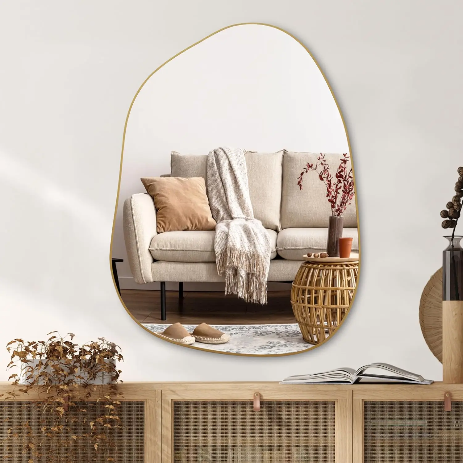 

Irregular Wall Mirror Asymmetrical Mirror, 32''x24'' Golden Wood Framed Mirror for Bathroom Bedroom Living Room Entryw