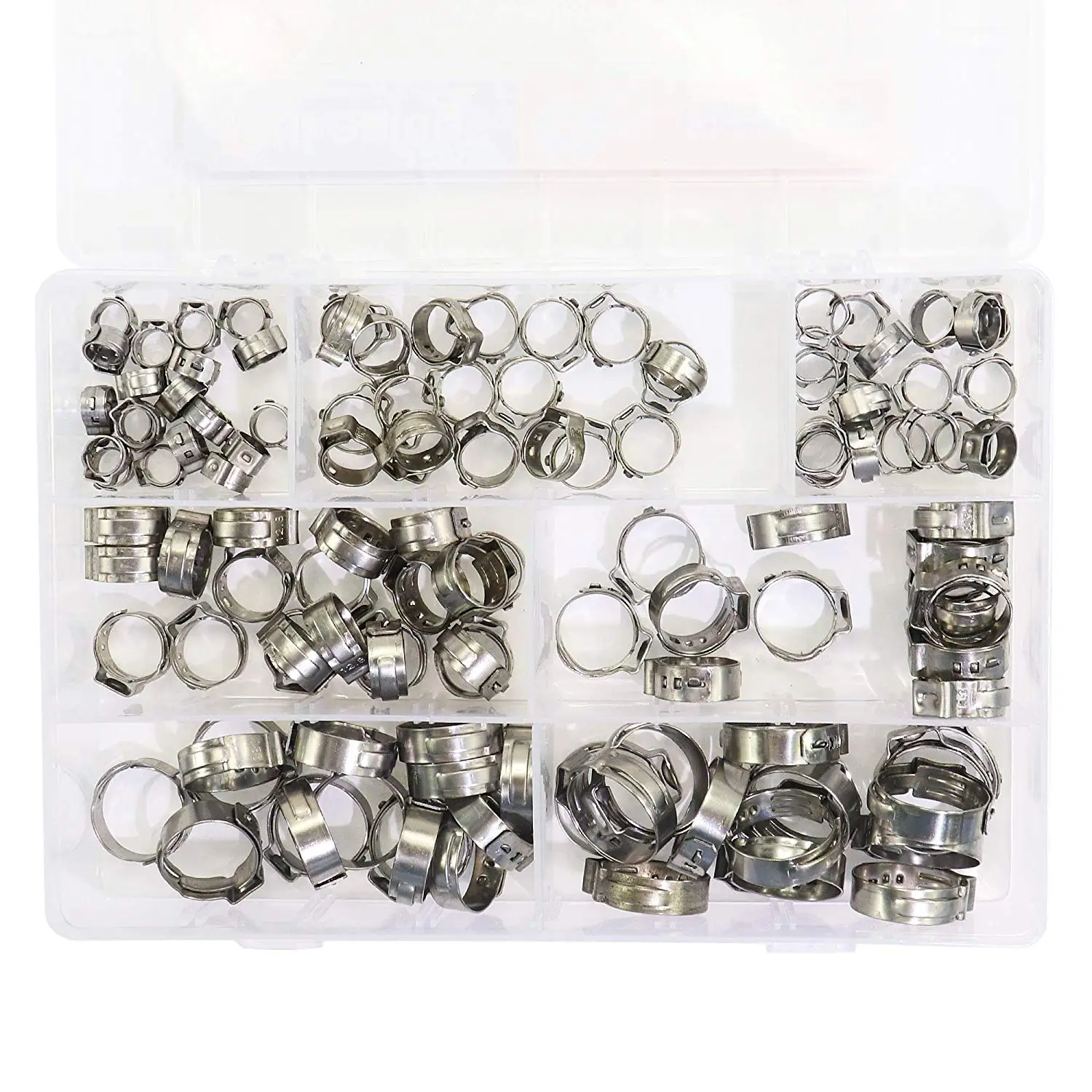 

125pcs 304 Stainless Steel Single Ear Stepless Hose Clamps Clamp Assortment Kit Crimp Pinch Rings for Securing Pipe Hoses