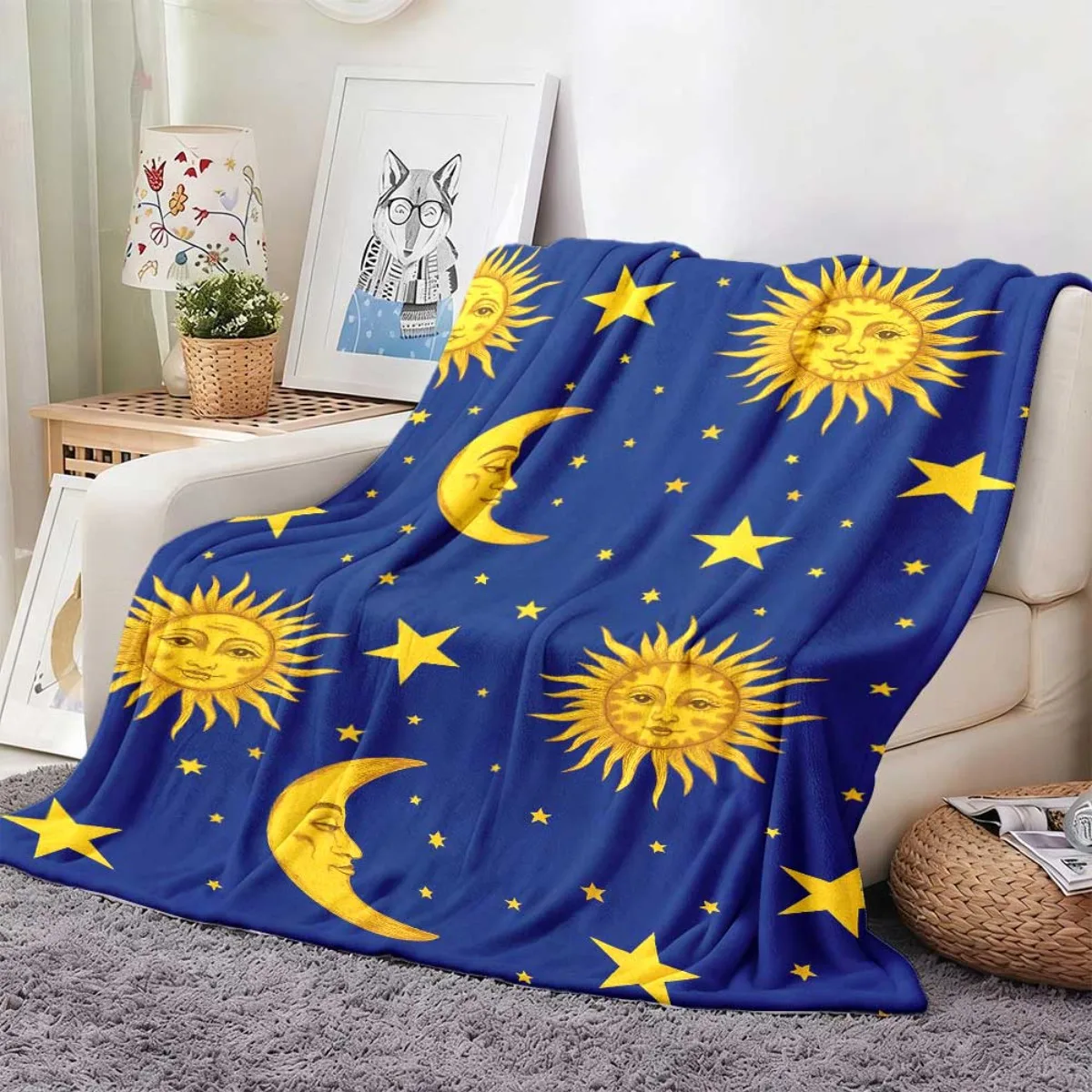 Mystic Celestial Flannel Blanket, Blue Background Golden Sun Moon Star Pattern Lightweight Throw Blanket for Bed Couch Daily Use