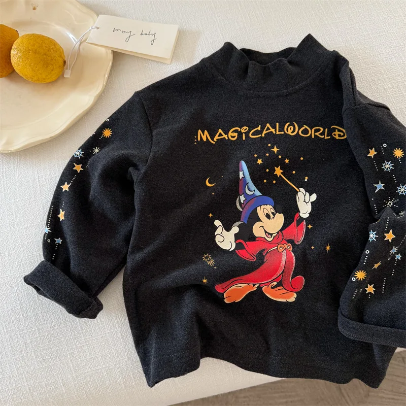 

Футболка с высоким воротом и Микки для детей, пуловер с длинными рукавами и принтом мультфильмов, топы, осень-зима, корейская модная детская базовая футболка