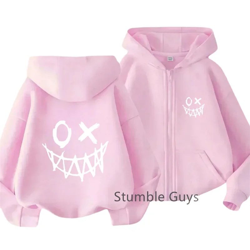 Sweat-shirt streetwear jaune vif à fermeture éclair intégrale, avec mini-imprimé visage grinçant OX blanc sur la poitrine et grand motif smiley d'horreur sur le dos