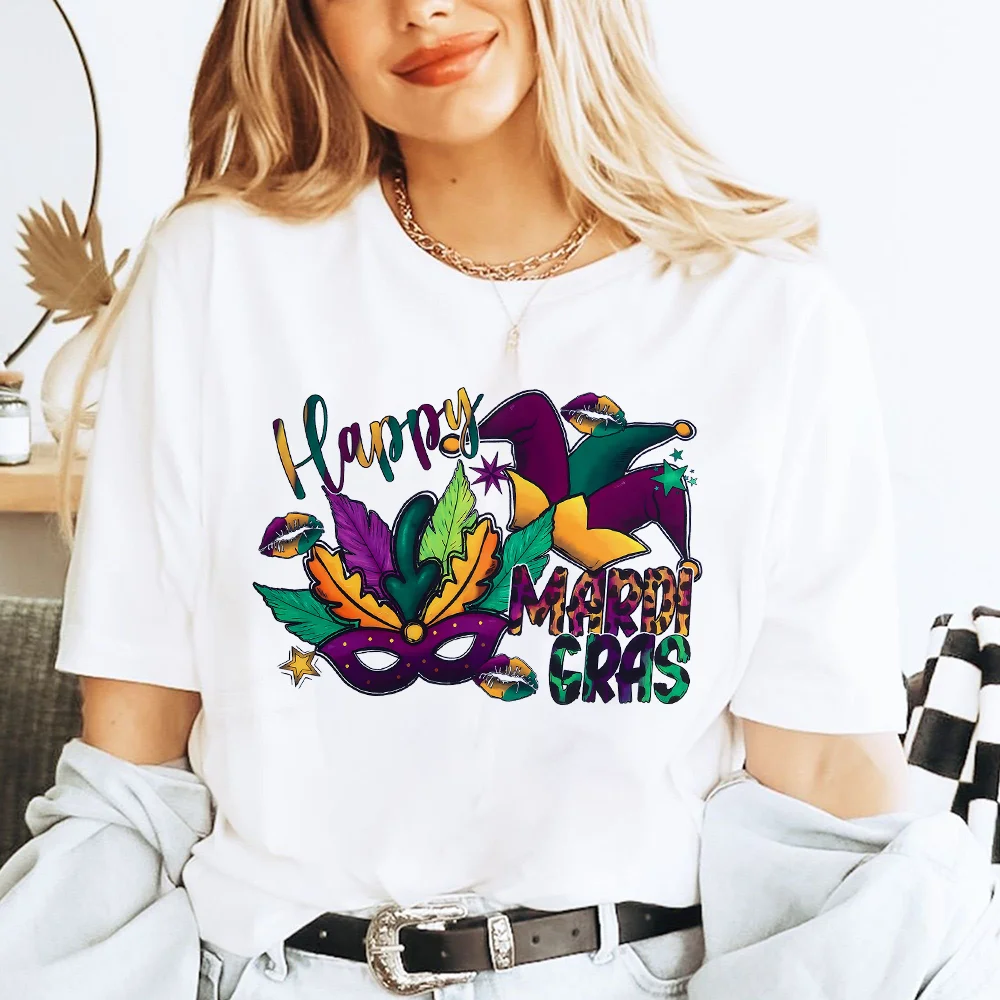 Mardi Gras Shirts for Women Tuesday Shirt Funny Mask Graphic Tee New Orleans Party Women Round Neck Tops Clothes