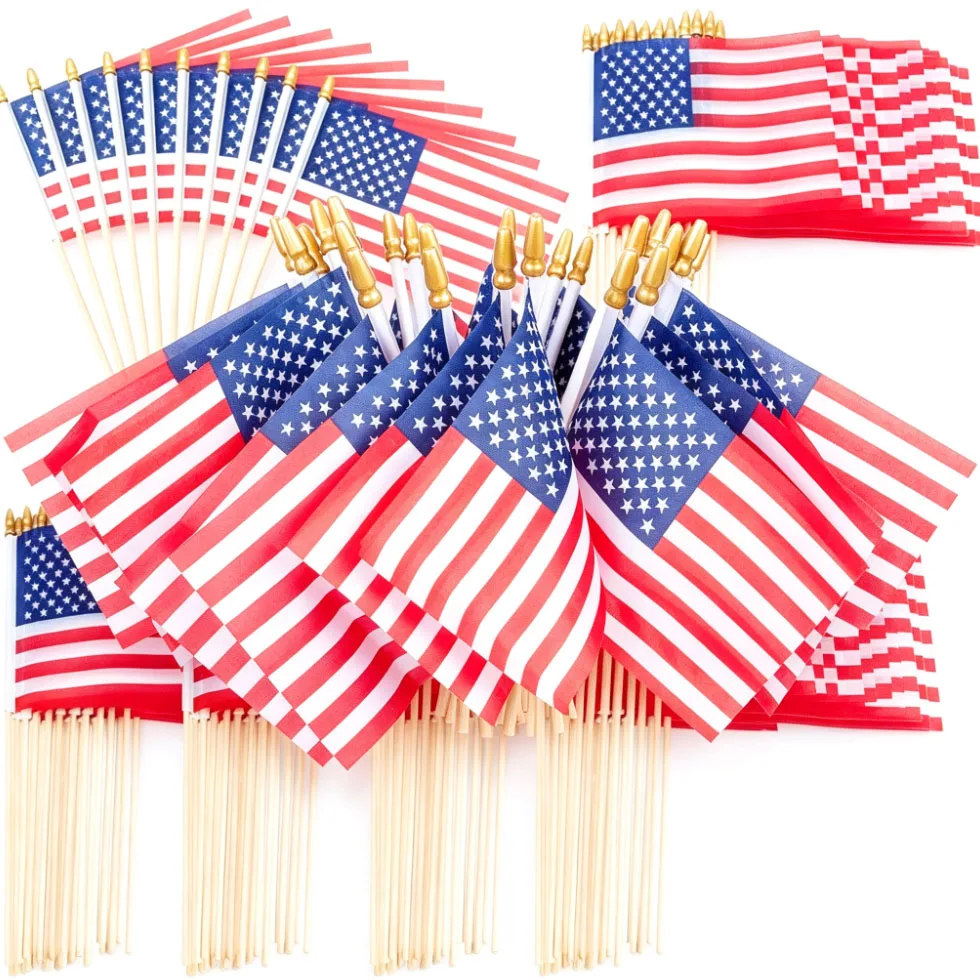 10PCS American Stick Flags Hand Waving Flag USA 5x8 Inch Handheld Mini Flag Flagpole 30cm American Independence Day Home Decor