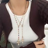 Y2K Fashion Boho Geometric Colored Crystal Chain Necklace For Women Female Vintage Gold Color Metal Cross Pendant Jewelry Gift