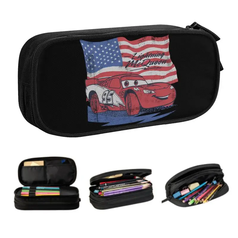 Custom Kawaii Lightning McQueen American Flag Pencil Cases for Girls Boys Large Storage Pencil Box School Accessories