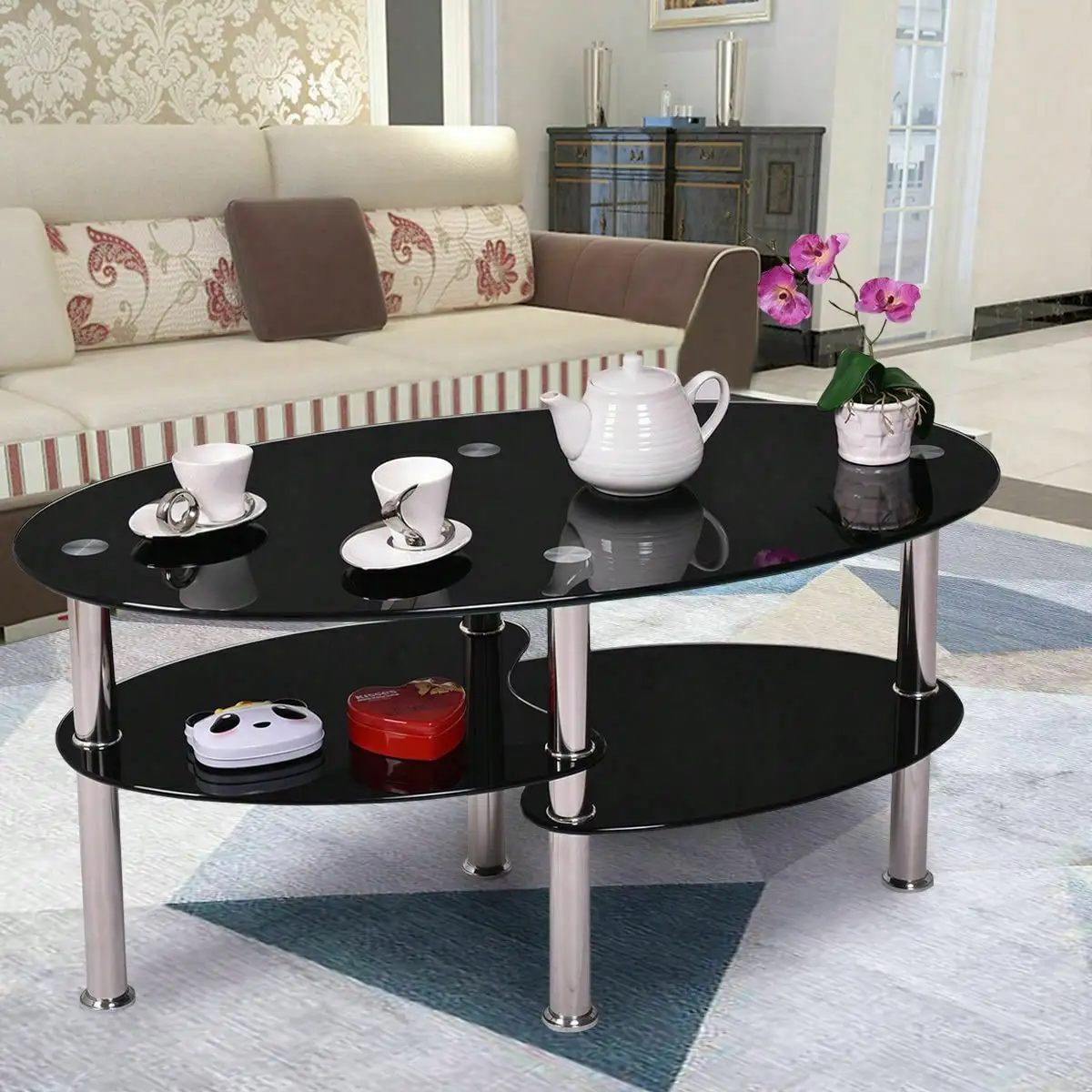 Tempered Glass Oval Side Coffee Table Shelf Chrome Base Living Room Black