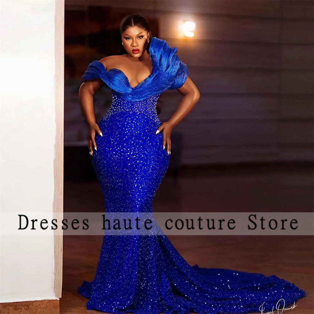 Aso Ebi-Robe de Soirée Africaine à Paillettes Bleu Royal, Tenue de Bal Formelle à Perles, de Grande Taille, pour Mariage, Rotterdam, 2024