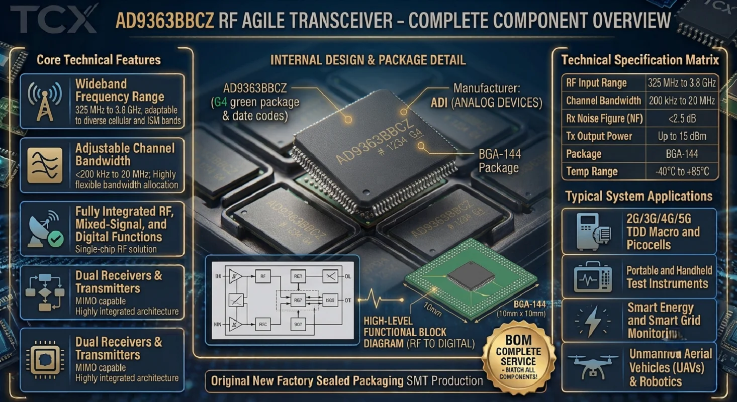 AD9363BBCZ AD9363 2x2 RF Agile Transceiver IC 325MHz-3.8GHz 20MHz Bandwidth BGA-144 SDR Software Defined Radio Chip Original New