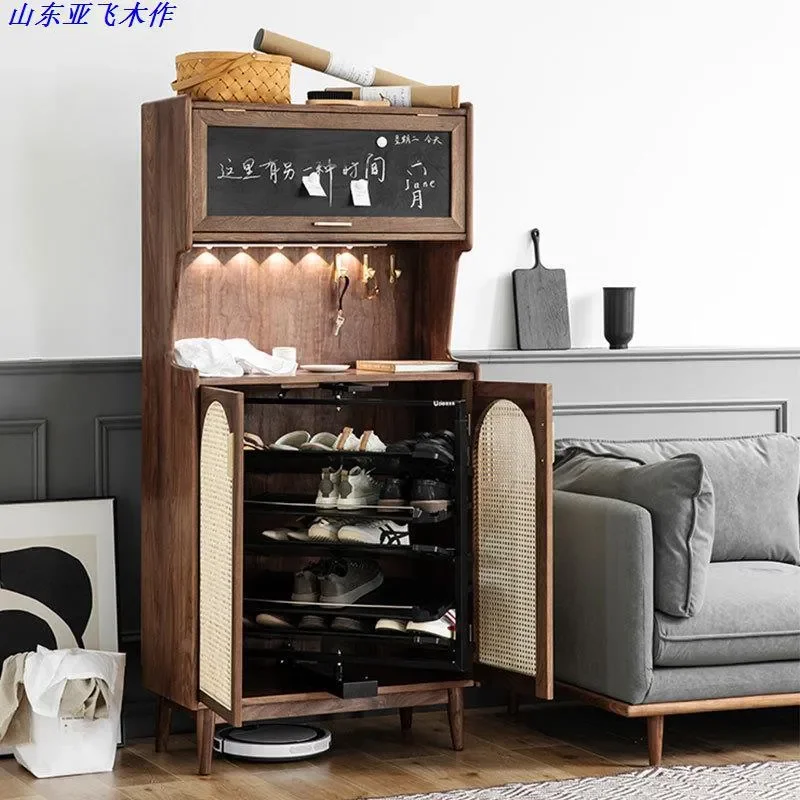 Nordic Solid Wood Rotating Shoe Cabinet Black Walnut Rattan Woven Entryway Storage Large Capacity Foyer Locker for Home