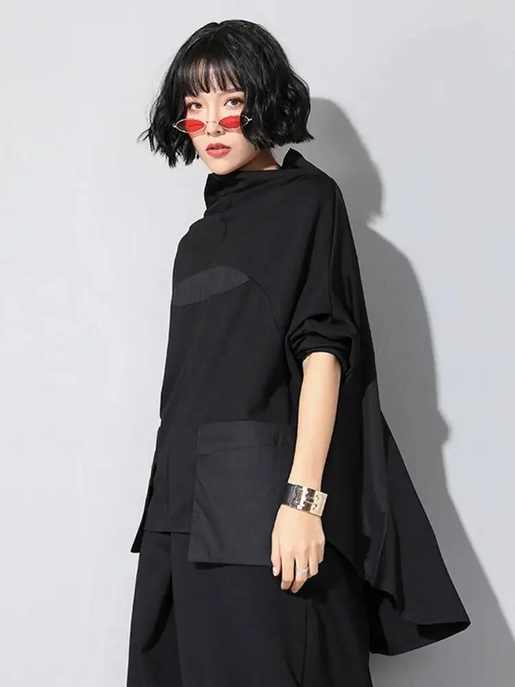 Pocket Women Black Loose Irregular Hem Big Size T-shirt New Turtleneck Long Sleeve Fashion Spring Autumn 2026 JQ0YZ1B
