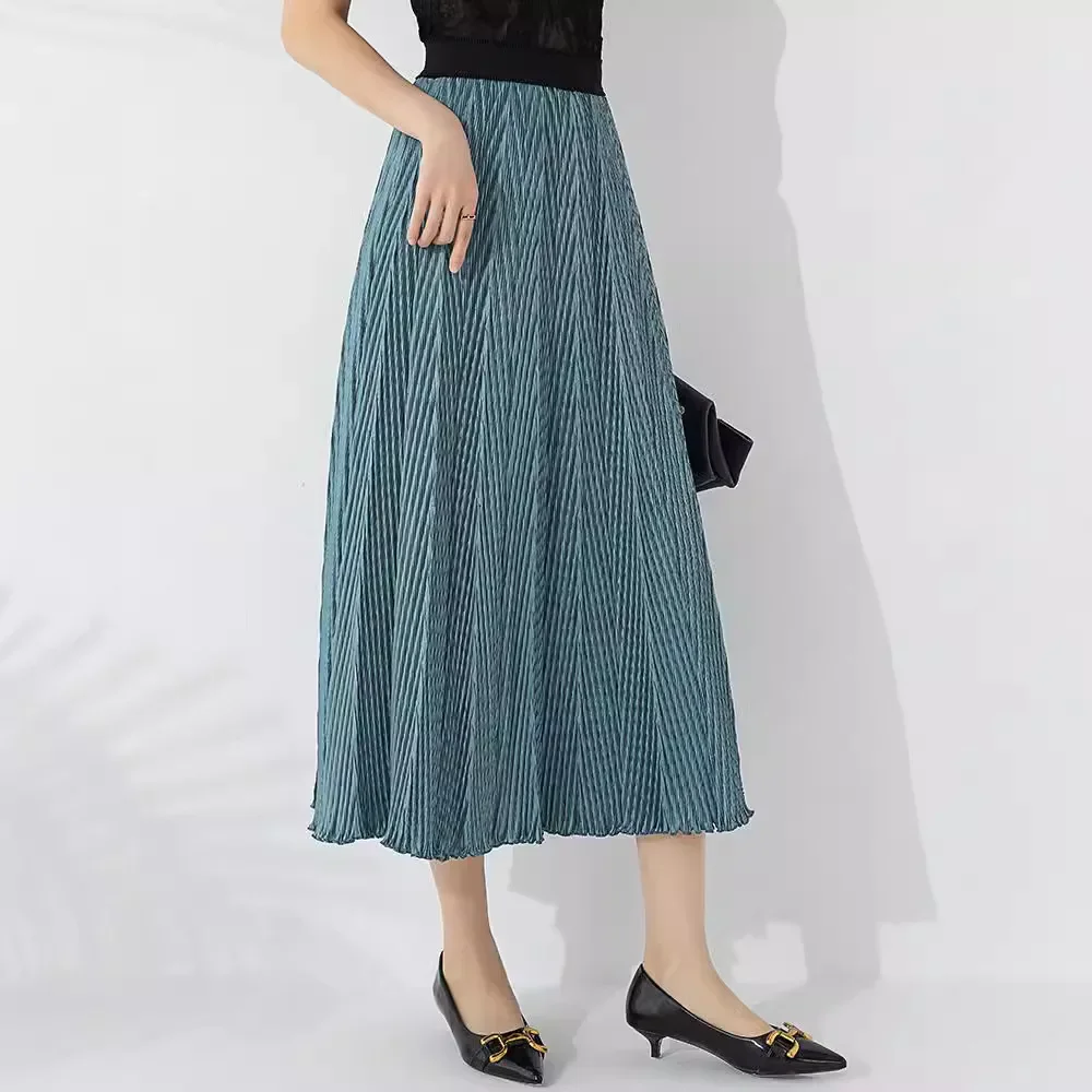 Miyake pleated new women's fashionable design fish scale skirt elastic high waist wavy edge large hem pleated skirt