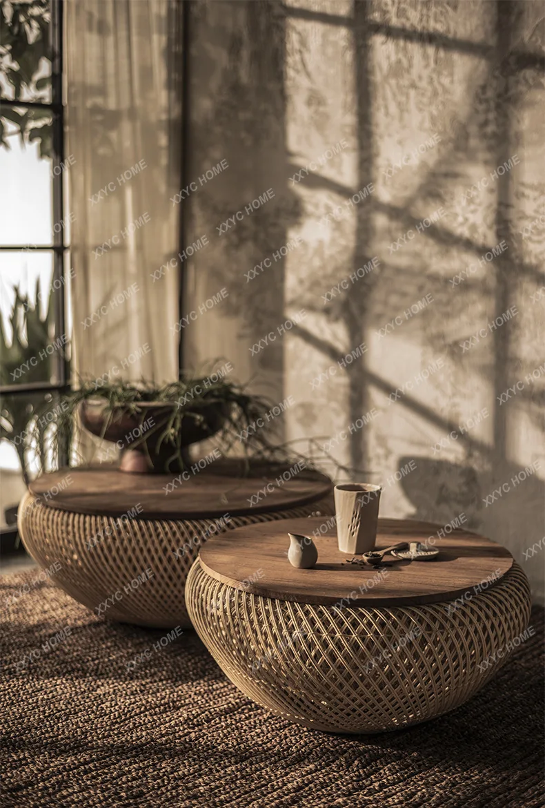 HMJ  handmade coffee table living room household rattan woven ash wood solid wood desktop round small apartment tea table