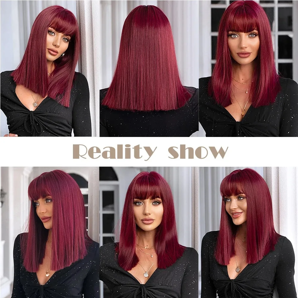 Burgundy Synthetic Wigs With Bangs Medium Length Win Red Straight Cosplay Wigs for Women Party Lolita Hairs Heat Resistant Fiber