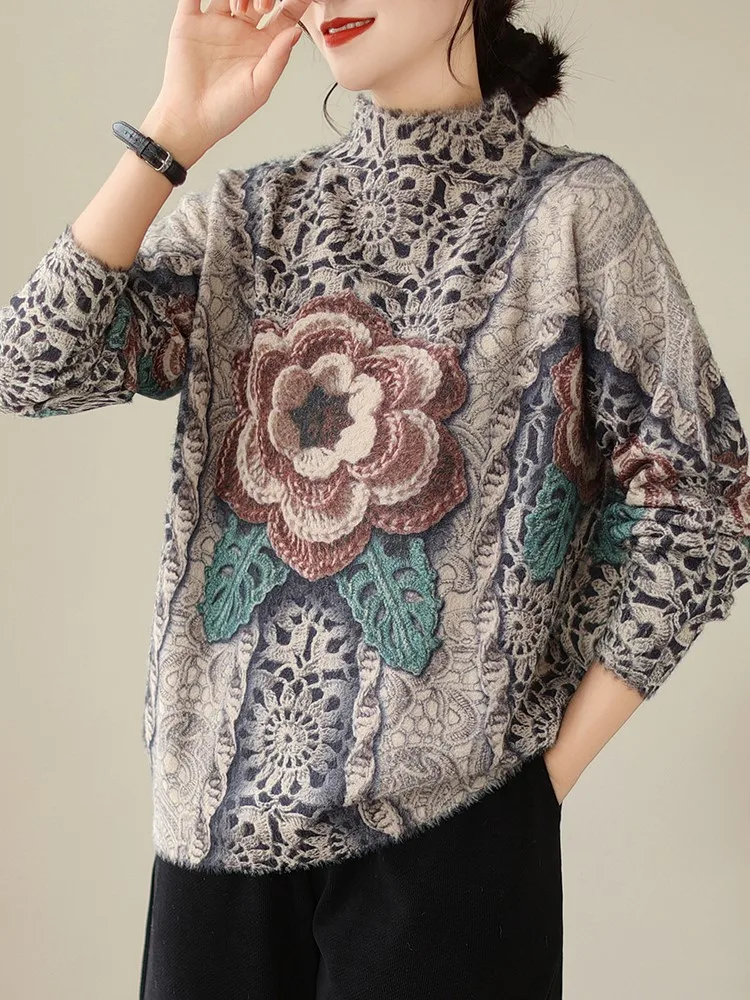 Oversized Autumn Winter Loose Sweater Women Butterfly Flower Print Ethnic Style Ladies Sweaters Fashion Woman Sweater Tops 2023