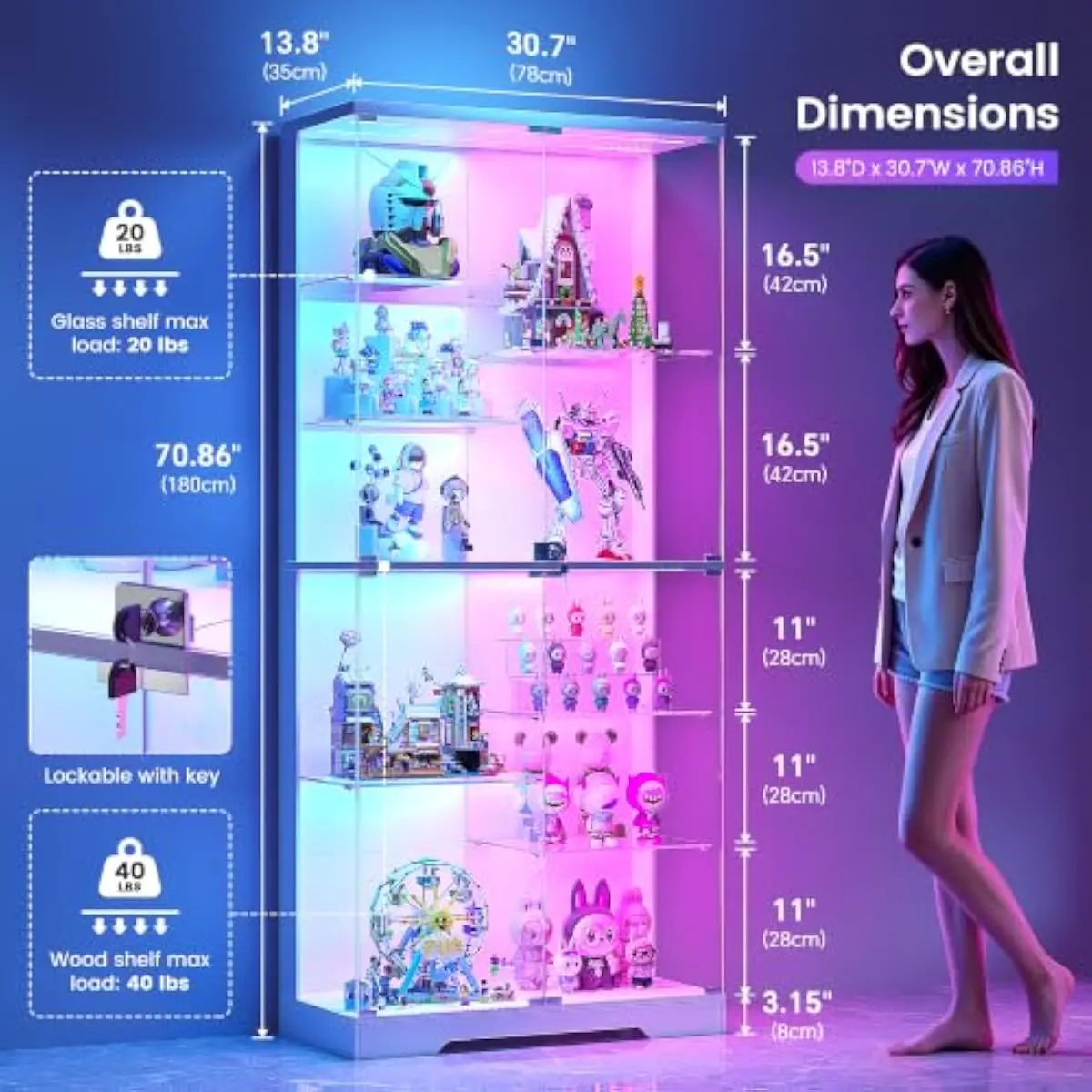 10-Tier Glass Display Cabinet with RGB Light and Motion Sensor,White
