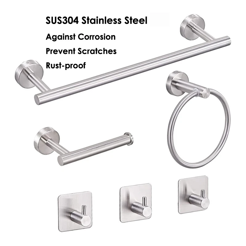 Sungshida 6PC Kit SUS304  Bathroom Hardware Set Towel Bar Towel Ring Paper Holder Hook Brush Nickel Bathroom Accessories Nickel