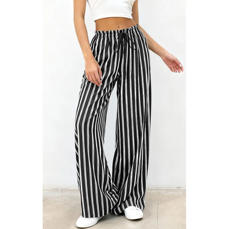 Trendy Cross-Border 2026 New Arrival Loose Wide Leg Pants Casual Commute Elastic Waist Striped Long Pants Polyester Fiber