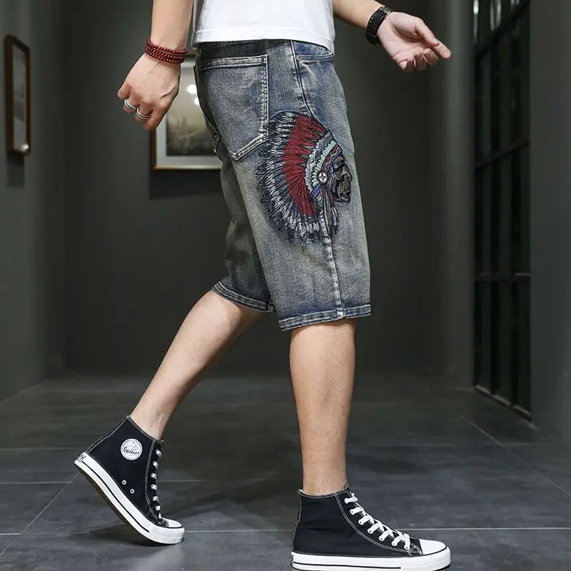 American Retro Embroidered Denim Shorts Men's Loose plus Size Nostalgic High-End Trendy Slim Fit Straight Ripped Shorts