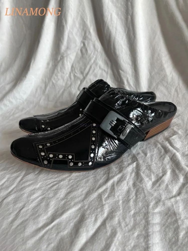 Rivet Belt Buckle, Half Slipper Women's Thick Heel Pointed Toe One Foot Retro Fashion Simple Style Commuting Muller Shoes