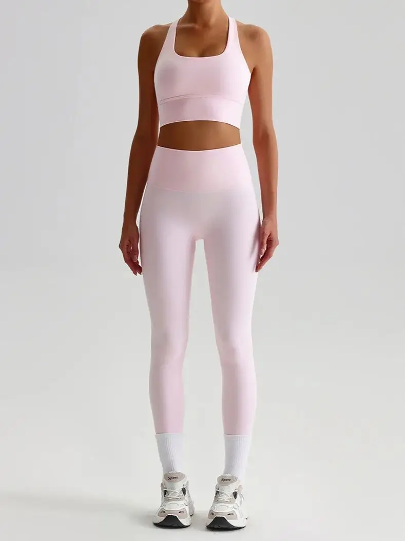 Jednobarevná posilovna Jóga Set Tight Leggings Sportovní Fitness Cross Bra Top 2ks Měkký sportovní oblek Cvičení Trénink Pro Ženy Sportovní oblečení - náhled 2