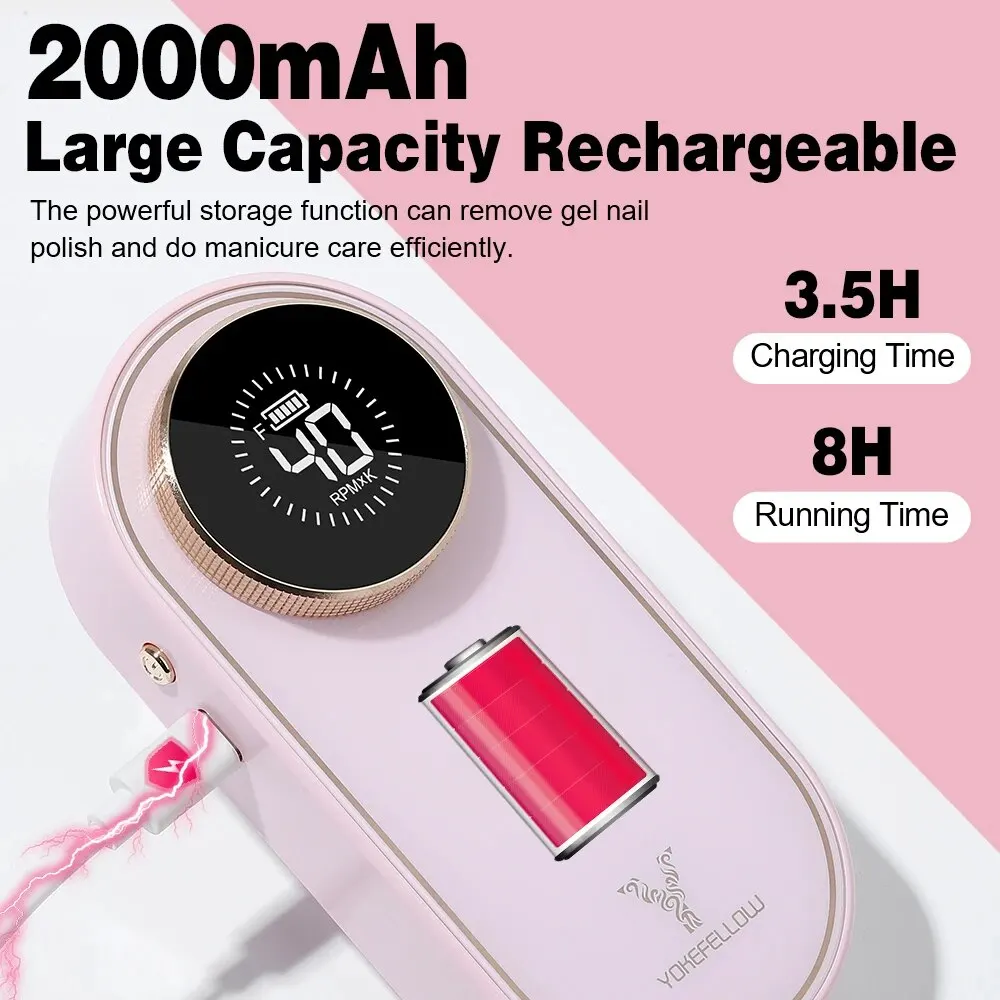 YOKEFELLOW 40000RPM Rechargeable Nail Drill Machine With HD Display Upgrade Electric Nail File With Cutter Nail Art Salon Tools