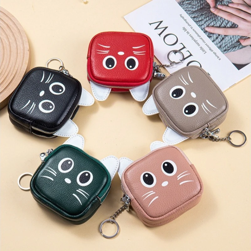 

Кошелек первого слоя из воловьей кожи для женщин, милый мультяшный кот, дизайн на молнии, мягкий кошелек из натуральной кожи, сумка для хранения для повседневного использования