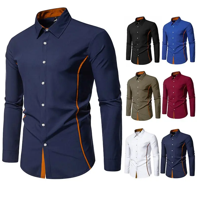 Men's color-blocked triangle collar long-sleeved shirt slim-fit shirt British style casual JJ836