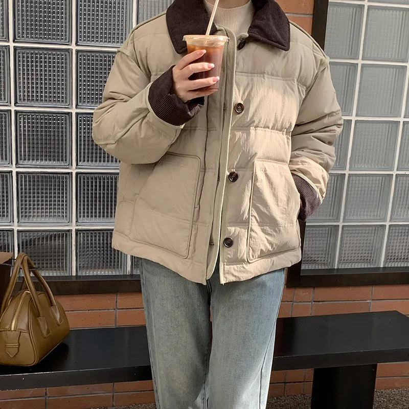 Giacca invernale leggera di colore a contrasto di tendenza Donna Y2K Patchwork retrò monopetto Parka corto Cappotti coreani in cotone da strada