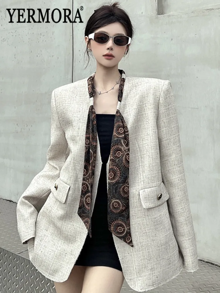YERMORA Women's Apricot Ribbon Pocket Vintage Blazer V-Neck Long Sleeve Loose New Jacket Fashion Tide Spring Autumn 2025