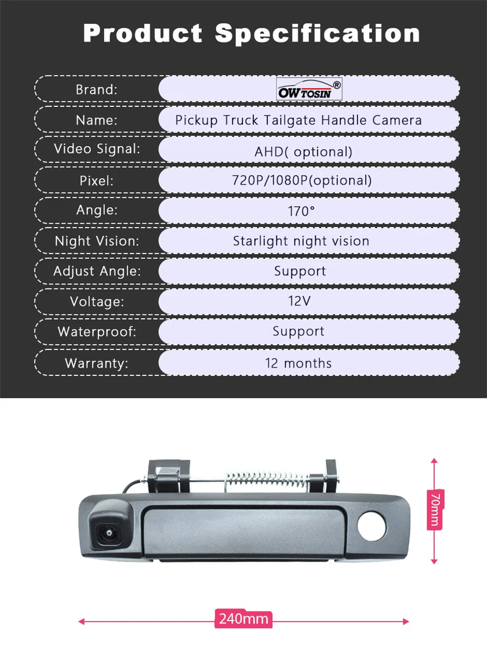 

For Ford Ranger 2012 2014-2020 For Mazda BT50 2012-2020 Pickup Truck Handle Vehicle Camera AHD 1080P Fisheye Reverse Car Camera