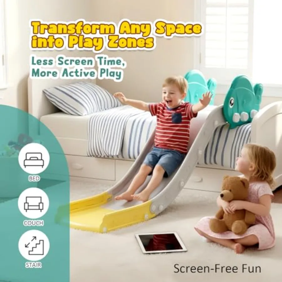 Indoor toddler couch slide for home use, premium PP plastic, blue and yellow, upgraded extended slope with smooth edges and cut