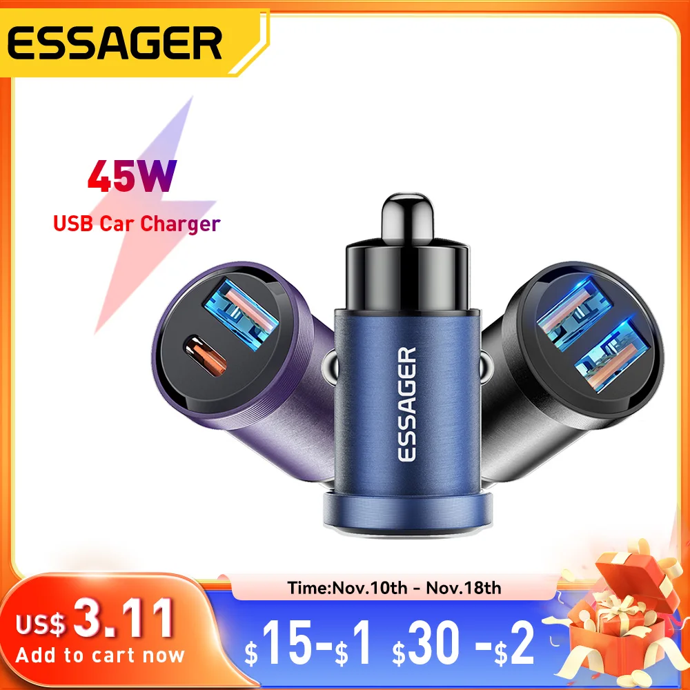 Essager 45W USB Car Charger QC 4.0 PD 3.0 SCP 5A USB Type C Fast Charging For iPhone 14 13 Pro Huawei Xiaomi Samsung S22 Ultra