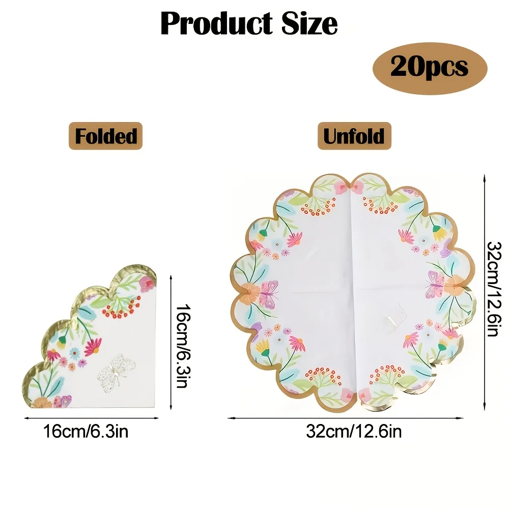 20pcs Elegant Golden-Embossed Floral Butterfly Napkins with Ruffled Edges-Disposable Suitable for Birthday Shower,Party Decorat