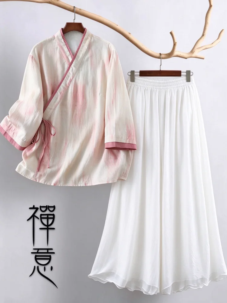 Chinoiserie Tie Dye Cotton Linen Asymmetrical Sleeve Seven Quarter Length Tea Costume Top Women Buddha Zen Style Modified Han...