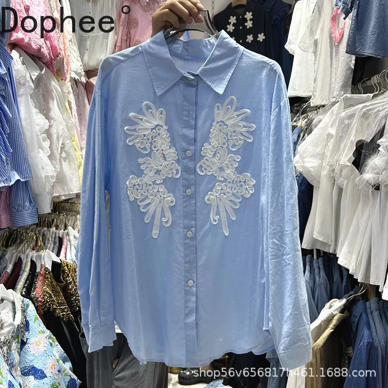 

Embroidery Cotton-linen Long Sleeve Blouses Women New Autumn Loose Cardigans Top All-match Turn-down Collar Casual Blue Shirts