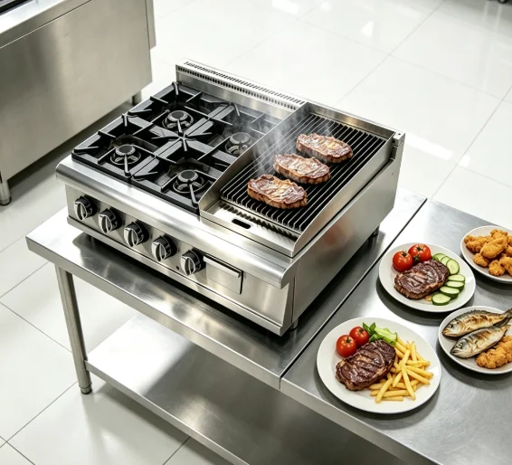 Commercial Countertop 4 Burner Gas Stove With Lava Rock Charbroiler Grill Stainless Steel Multi-functional Cooking Stove