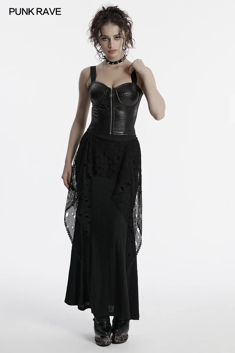 PUNK RAVE Women's Punk Minimalist Design Decadent Layered Fish Tail Skirt Daily Irregular Cutting Mesh Black Long Skirts
