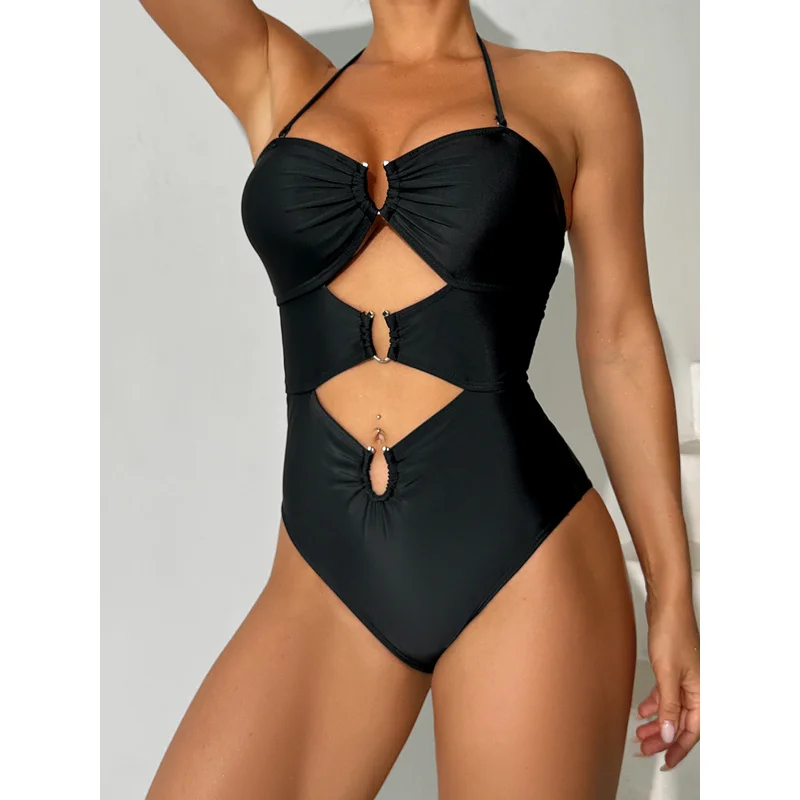 

2025Новый цельный купальник с лямкой на шее, сексуальный облегающий однотонный бикини, купальник, бикини