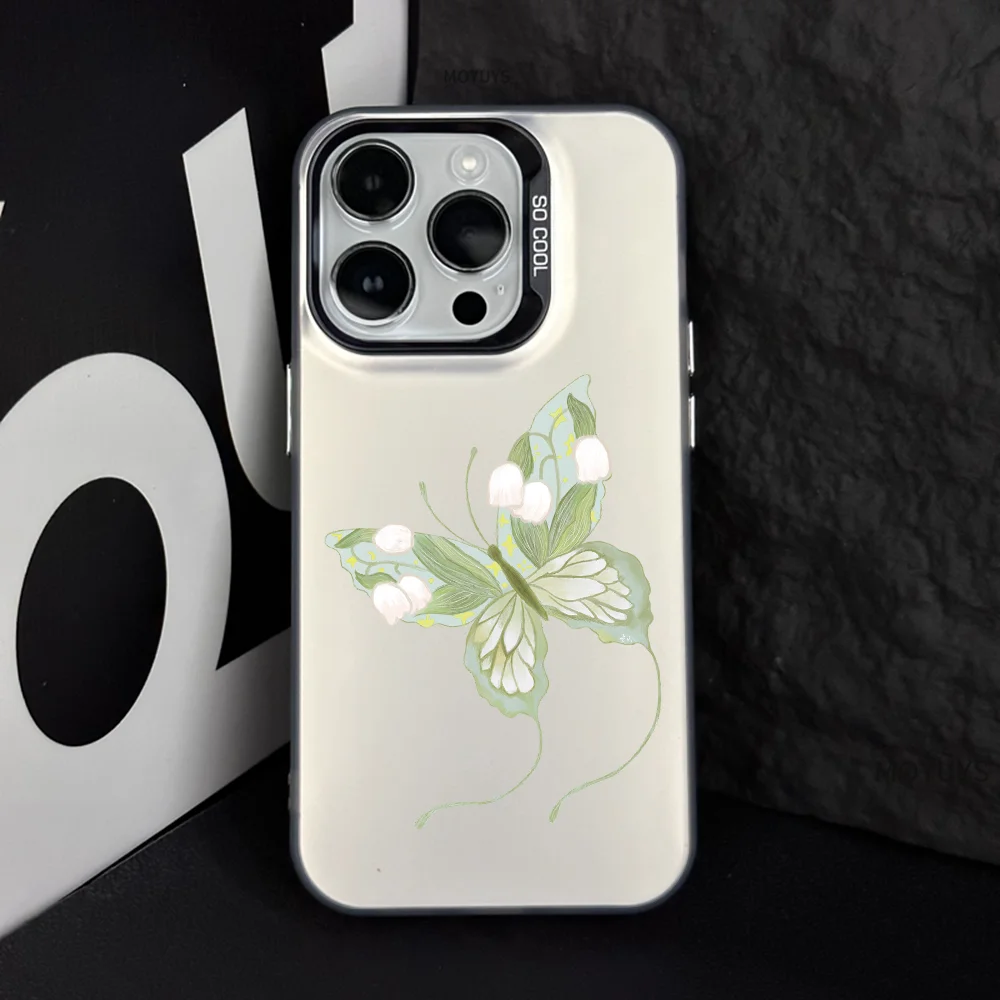 Butterfly Green Phone Case IMD Color Silver Shell For IPhone 16 15 14 13 12 Pro Max Plus