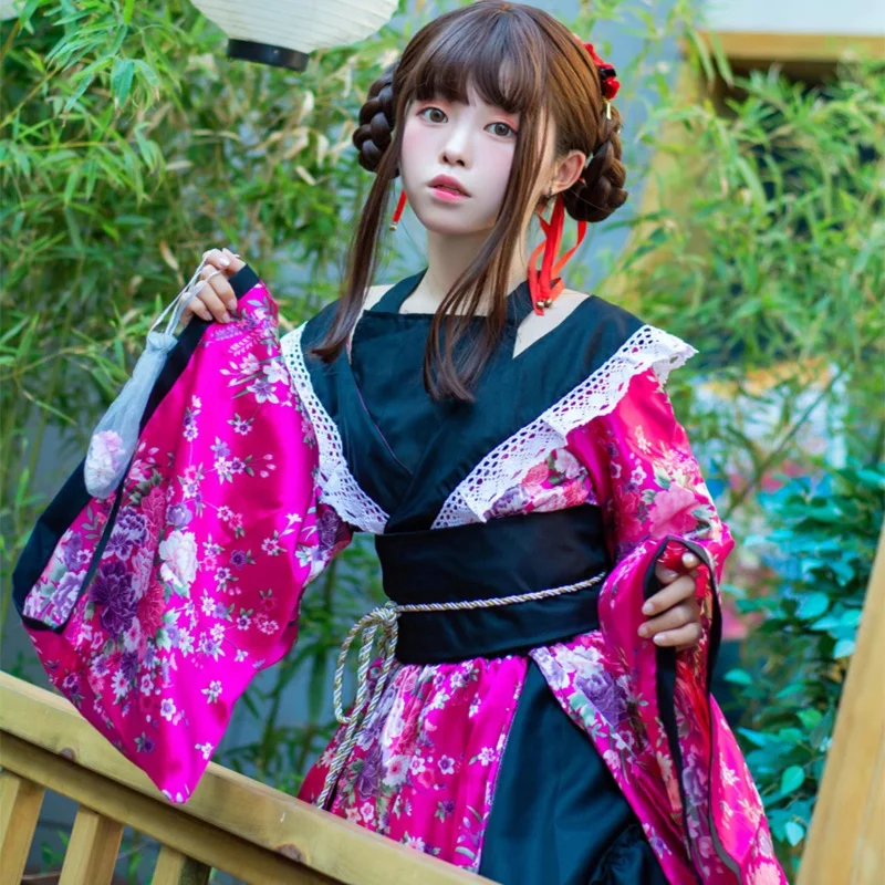 Japanese Kimono Woman Vintage Dress Anime Maid Lolita Oriental Asian Clothing Yukata Haori Cosplay Halloween Party Costume