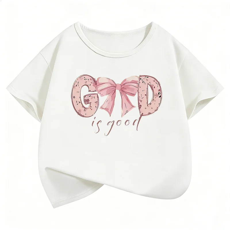 God Is Good with Bow Deisng Graphic Kids Tshirts Summer Short Sleeve Tees Boys Girls Clothes Kawaii Tops Y2K Children T-shirt